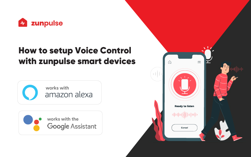 phone illustration showing setup of voice control with zunpulse smart devices