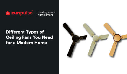 Front view of ivory, golden brown, and dark brown designer ceiling fans for home