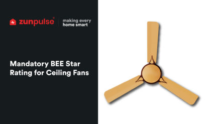 Golden brown designer ceiling fan front view with the text "mandatory BEE star rating for Ceiling Fans"